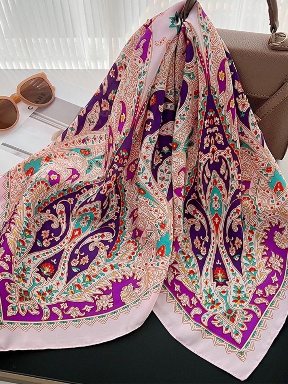 Silk-feel Paisley Scarf in Purple & Pink Head, Neck 70*70cm